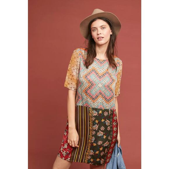 ANTHROPOLOGIE TINY Anna Dress Medium Patchwork Tunic Boho Silky Hippy Festival - Picture 1 of 13